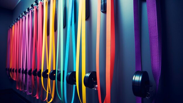 A photo of resistance bands on a fitness center wall