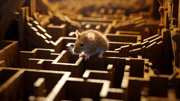 A photo of a resourceful mouse navigating through a challenging maze setup