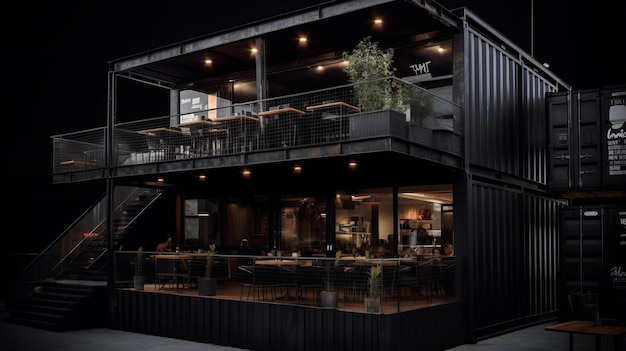 Photo of a restaurant built from black containers on two floors on studio black background