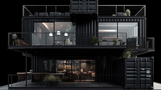 Фото ресторана, построенного из черных контейнеров на двух этажах на студийном черном фоне