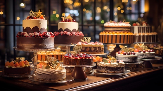 A Photo of a Restaurant Cake Display with Beautifully Decorated Cakes