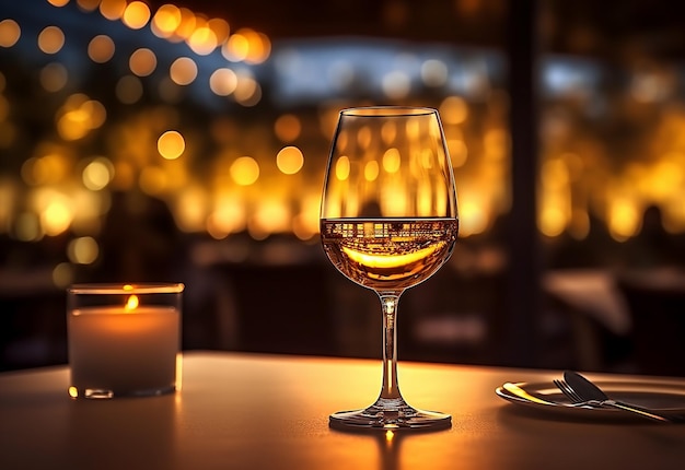 Photo of restaurant dinner table and wine glasses with blurred night lights background