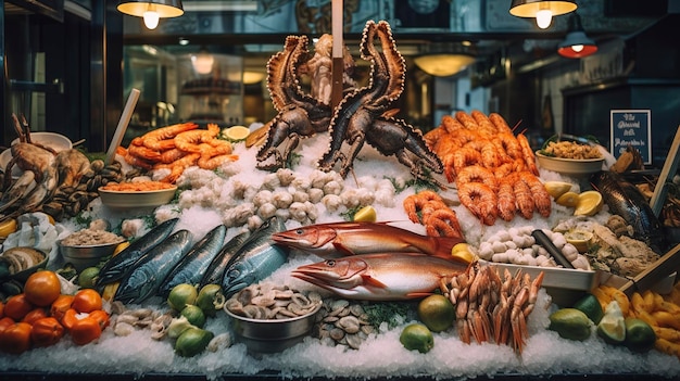 Foto una foto di un mercato di pesce fresco del ristorante con pesce e crostacei