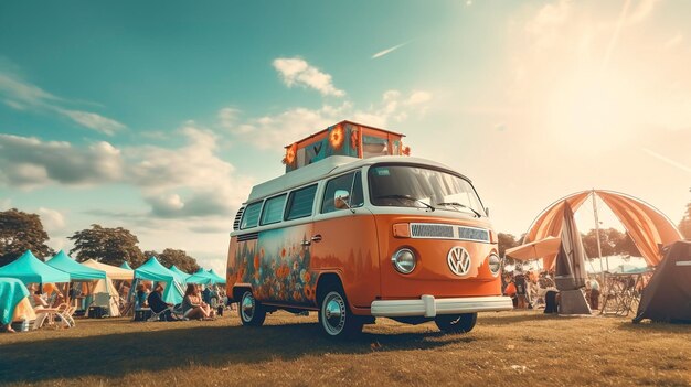 A photo of a retro camper van at a music festival