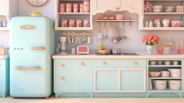 A Photo of a Retro Inspired Kitchen with Vintage Appliances and Pastel Colors