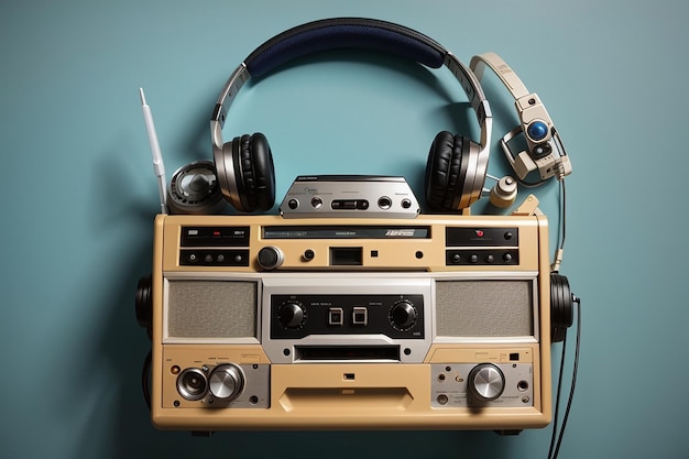 Photo retro old tape recorder and headphones