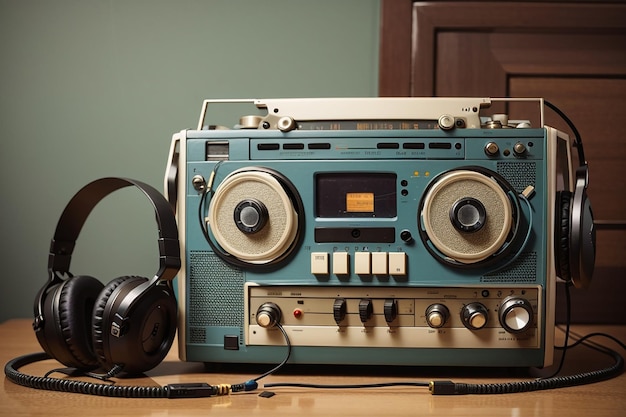 Photo retro old tape recorder and headphones