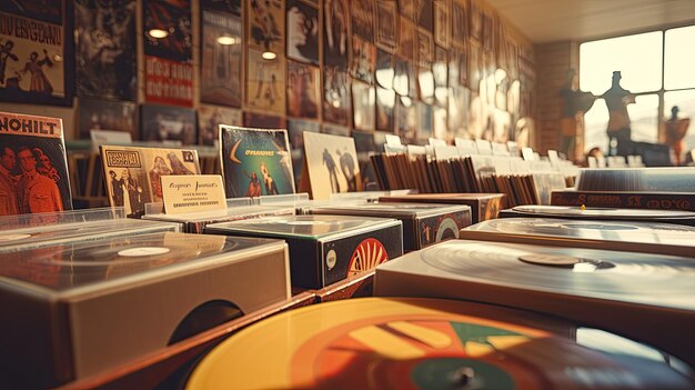 A photo of a retro vinyl record store soft diffused light