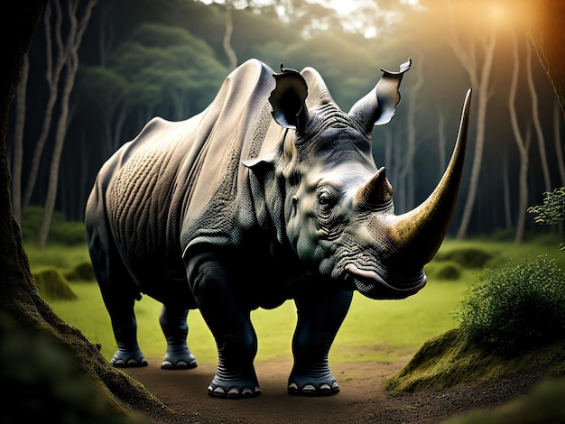 Photo a Rhinoceros dangerous animal standing in a dark forest captured with a DSLR camera