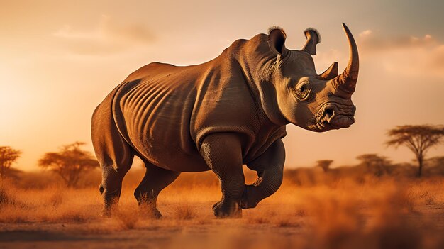 Photo of rhinoceros on savanna at sunset