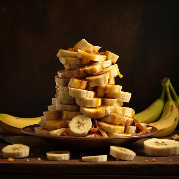 Photo of ripe banana bowl and slices with isolated background
