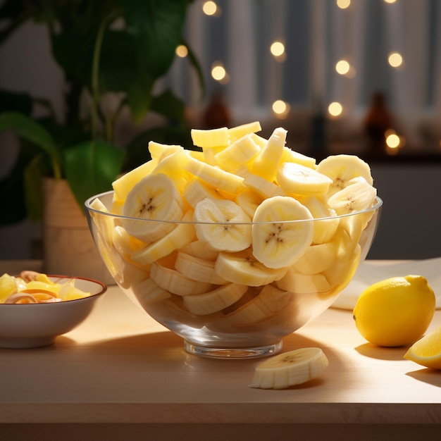 Photo of ripe banana bowl and slices with isolated background