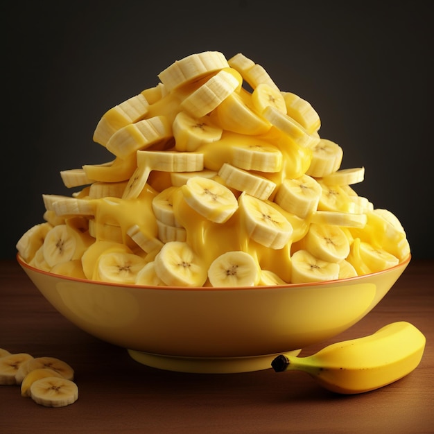 Photo of ripe banana bowl and slices with isolated background