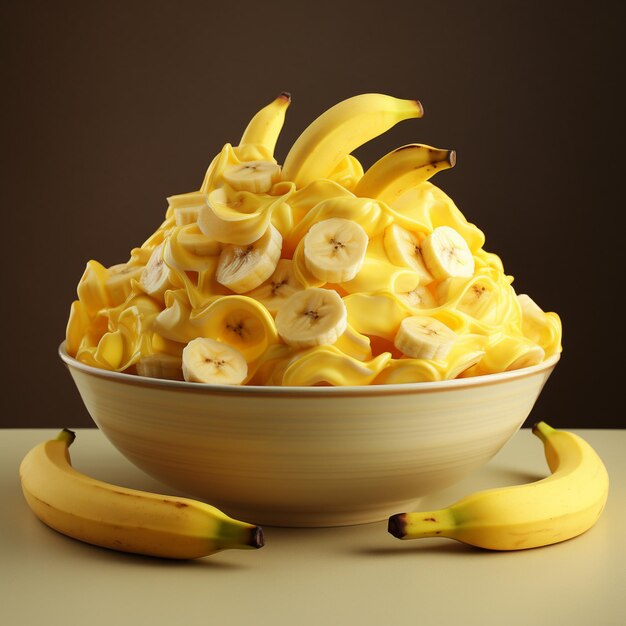 Photo of ripe banana bowl and slices with isolated background