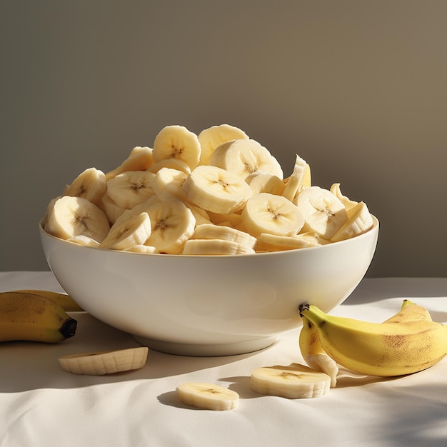 Photo of ripe banana bowl and slices with isolated background