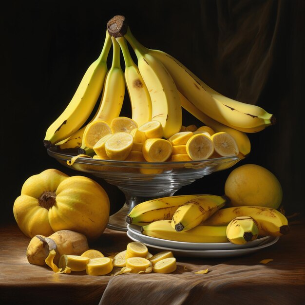 Photo of ripe banana bowl and slices with isolated background