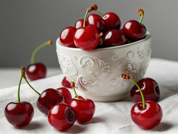 Photo ripe cherry fruits in a bowl on a white background