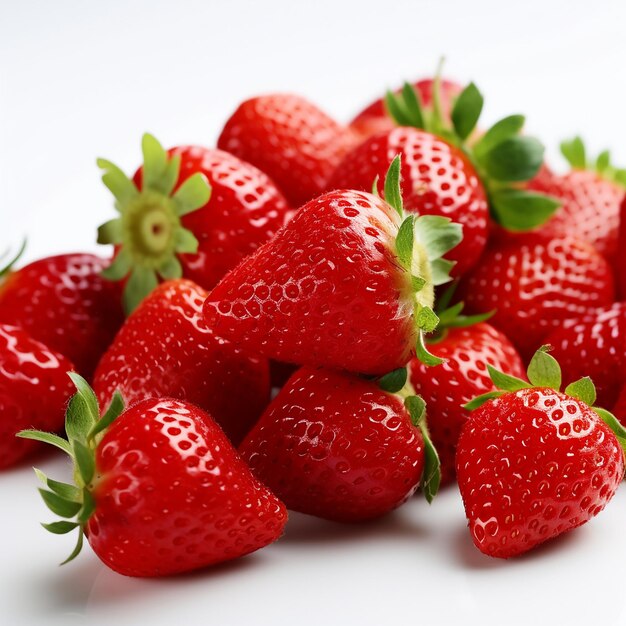 Photo of ripe strawberries in basket on wooden table