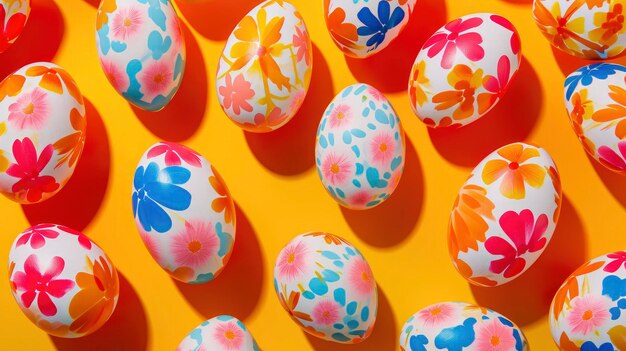 Photo of risograph geometric and floral print decorated Easter eggs pattern flat lay vibrant neon colors modern