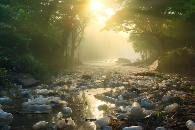 A photo of a river with trash and a sunbeam