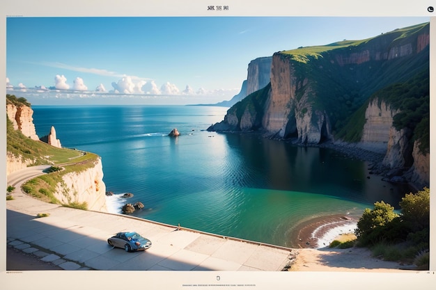 A photo of a road by the sea with a blue sky and the words " the sea " on the bottom.