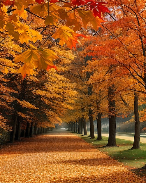 포토로드는 가을에 화려한 단풍이 있는 나무로 둘러싸여 있습니다.