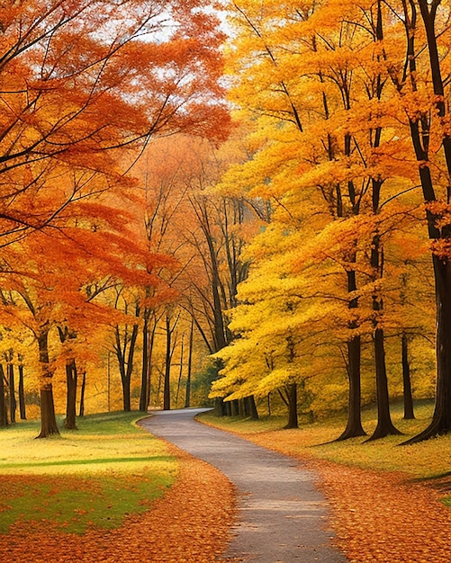 Photo road is surrounded by trees with colorful leaves during fall