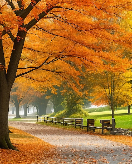 Photo road is surrounded by trees with colorful leaves during fall