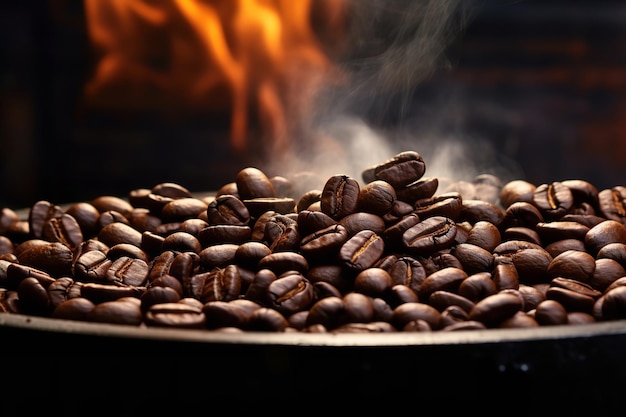 Photo roasted coffee beans with aromatic smoke