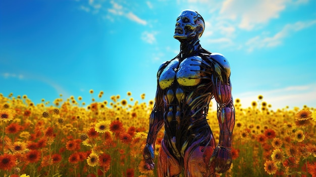 Photo a robot in a field of sunflowers