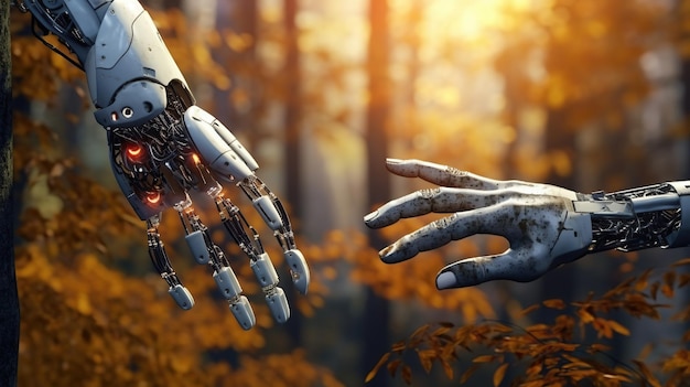 Фоторобот и человеческие руки касаются машин искусственного интеллекта Генеративный искусственный интеллект