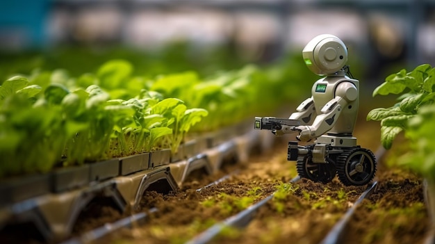 Photo photo of a robot is working on a lettuce farm