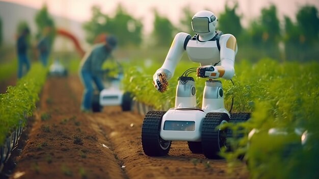 Photo photo of a robot is working on a lettuce farm