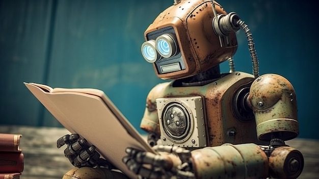 photo of robot reading a book