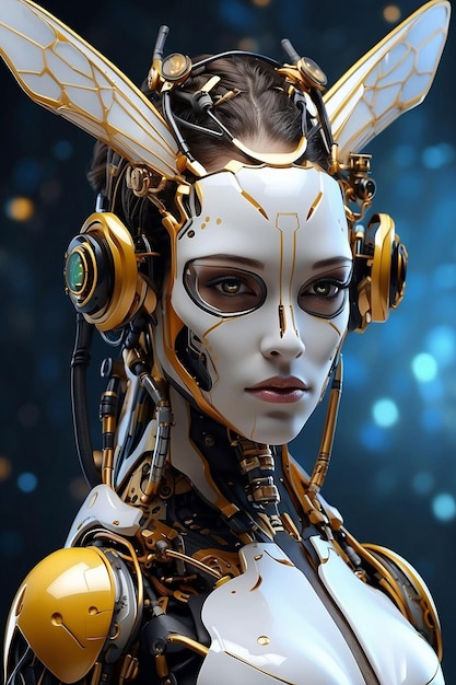 photo of a robotic character half bee half cyborg