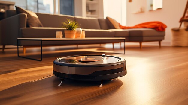 A photo of a robotic vacuum cleaner in a smart home