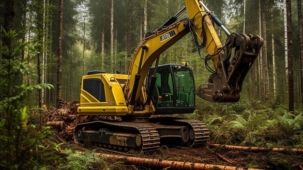 A Photo of a Robust Logging Harvester Cutting Trees