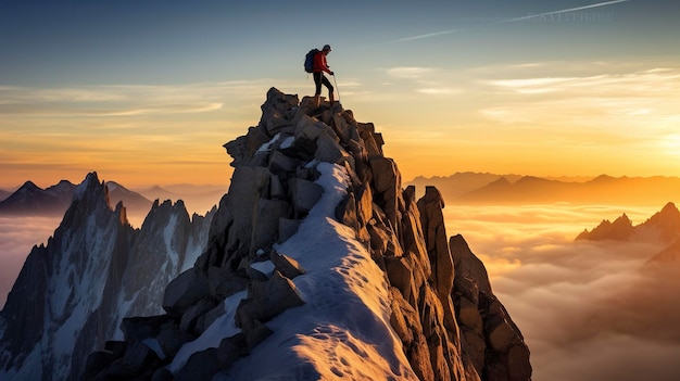 A Photo of a Rock Climber Reaching the Top of a Peak