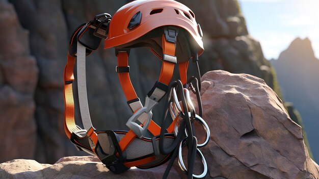 A photo of a rock climbing harness and helmet