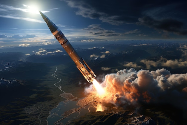 Photo photo of a rocket weapon launching into space with vibrant colors and intense energy