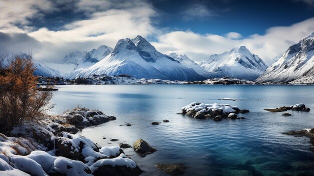 photo rocks over the lake with mountains in winter generated by AI