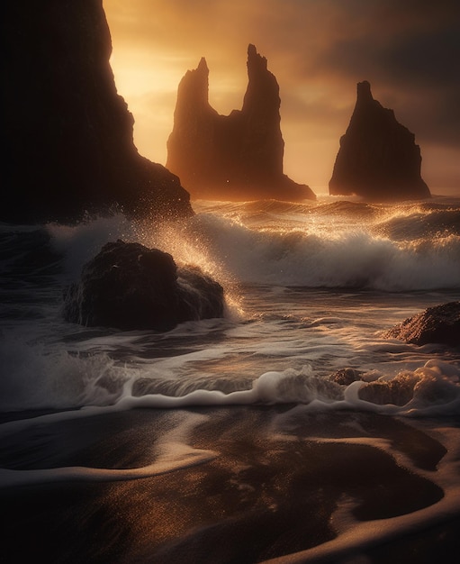 Foto una foto di una spiaggia rocciosa con il sole che tramonta dietro di essa.