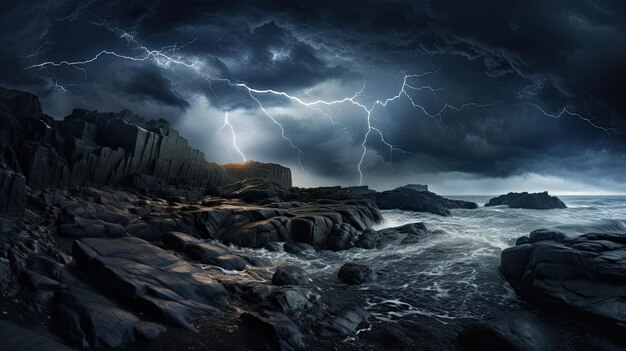 Photo a photo of a rocky coastline stormy backdrop