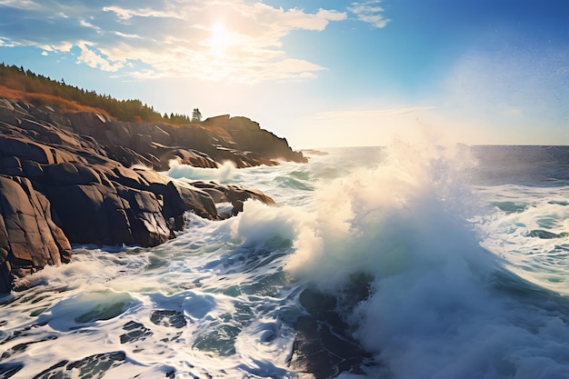 Photo of Rocky coastline with crashing waves nature background