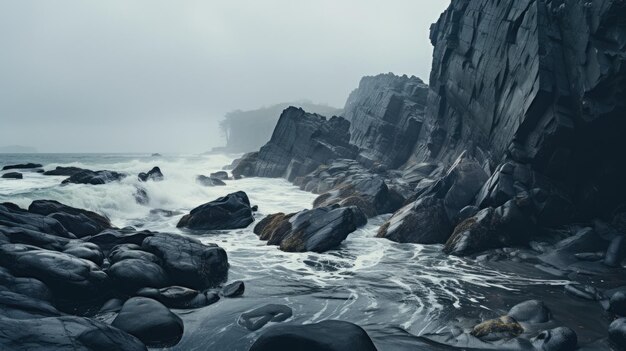 A photo of a rocky coastline with crashing waves overcast lighting