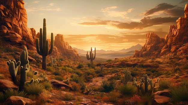 Foto una foto di un canyon roccioso del deserto con l'illuminazione dell'ora d'oro dei cactus