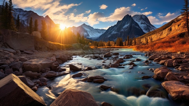 A photo of a rocky mountain pass with a flowing river golden hour light