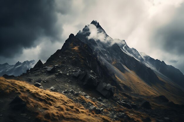 Photo of Rocky mountain peak with a dramatic sky nature background