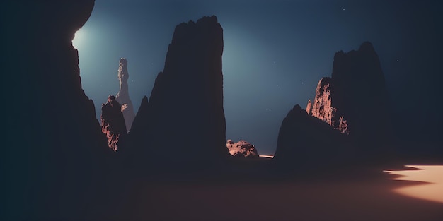 A photo of a rocky mountain with the sun setting behind it