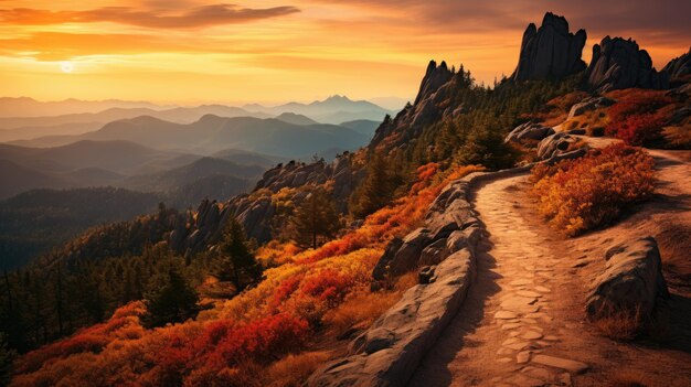 A photo of a rocky mountain with a winding trail golden hour lighting